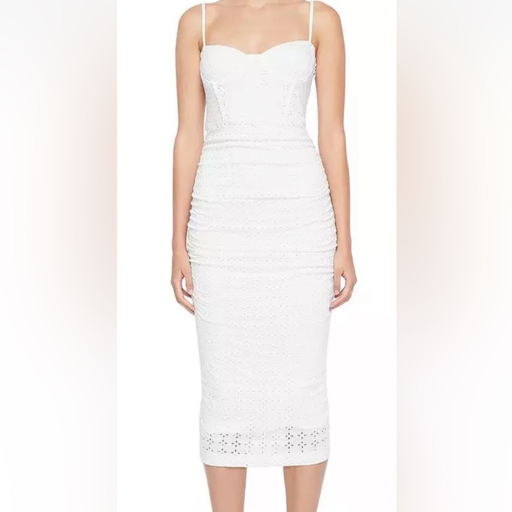 Jonathan Simkhai Womens Moira White Eyelet Calf Ruched Midi Dress M